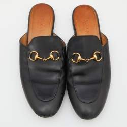 Gucci Black Leather Princetown Flat Mules Size 37.5 