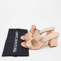 Pre Owned Gucci Rose Gold Foil Leather GG Marmont Fringe Detail Block Heel Pumps Size 39.5