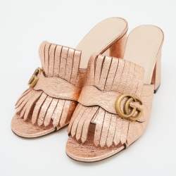 Pre Owned Gucci Rose Gold Foil Leather GG Marmont Fringe Detail Block Heel Pumps Size 39.5