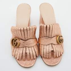 Pre Owned Gucci Rose Gold Foil Leather GG Marmont Fringe Detail Block Heel Pumps Size 39.5