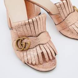 Pre Owned Gucci Rose Gold Foil Leather GG Marmont Fringe Detail Block Heel Pumps Size 39.5