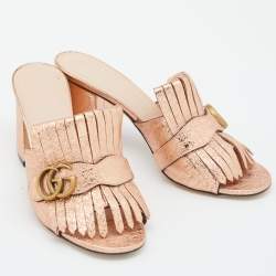 Pre Owned Gucci Rose Gold Foil Leather GG Marmont Fringe Detail Block Heel Pumps Size 39.5