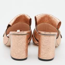 Pre Owned Gucci Rose Gold Foil Leather GG Marmont Fringe Detail Block Heel Pumps Size 39.5