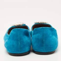 Pre Owned Gucci Blue Suede Crystal Embellished GG Ballet Flats Size 39.5