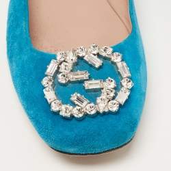 Pre Owned Gucci Blue Suede Crystal Embellished GG Ballet Flats Size 39.5