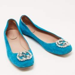 Pre Owned Gucci Blue Suede Crystal Embellished GG Ballet Flats Size 39.5