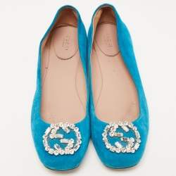 Pre Owned Gucci Blue Suede Crystal Embellished GG Ballet Flats Size 39.5