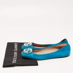 Pre Owned Gucci Blue Suede Crystal Embellished GG Ballet Flats Size 39.5