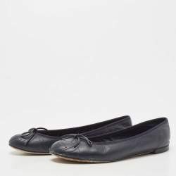 Pre Owned Gucci Navy Blue Leather Bow Ballet Flats Size 37.5