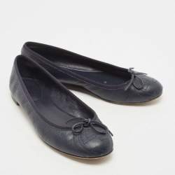 Pre Owned Gucci Navy Blue Leather Bow Ballet Flats Size 37.5
