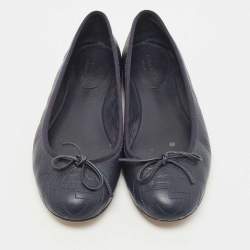 Pre Owned Gucci Navy Blue Leather Bow Ballet Flats Size 37.5