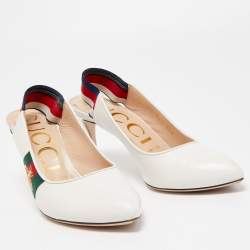 Pre Owned Gucci White Leather Sylvie Web Slingback Pumps Size 36.5