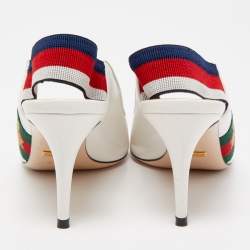 Pre Owned Gucci White Leather Sylvie Web Slingback Pumps Size 36.5