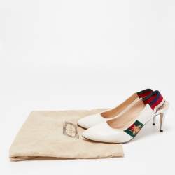 Pre Owned Gucci White Leather Sylvie Web Slingback Pumps Size 36.5