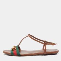 Pre Owned Gucci Brown Leather Web Detail Liliana Horsebit Flat Sandals Size 37
