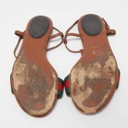 Pre Owned Gucci Brown Leather Web Detail Liliana Horsebit Flat Sandals Size 37