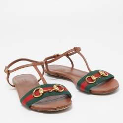 Pre Owned Gucci Brown Leather Web Detail Liliana Horsebit Flat Sandals Size 37