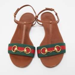 Pre Owned Gucci Brown Leather Web Detail Liliana Horsebit Flat Sandals Size 37
