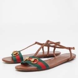 Pre Owned Gucci Brown Leather Web Detail Liliana Horsebit Flat Sandals Size 37