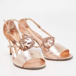 Gucci Metallic Leather Crystal Embellished Interlocking G Sandals Size 39