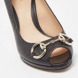 Pre Owned Gucci Black Guccissima Leather Horsebit Platform Pumps Size 37