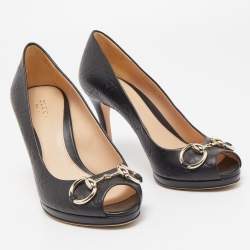 Pre Owned Gucci Black Guccissima Leather Horsebit Platform Pumps Size 37