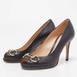 Pre Owned Gucci Black Guccissima Leather Horsebit Platform Pumps Size 37