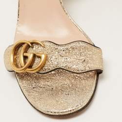 Pre Owned Gucci Gold Crinkled Leather GG Marmont Ankle Strap Sandals Size 37.5