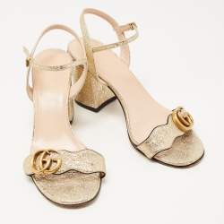 Pre Owned Gucci Gold Crinkled Leather GG Marmont Ankle Strap Sandals Size 37.5