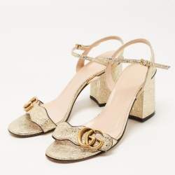 Pre Owned Gucci Gold Crinkled Leather GG Marmont Ankle Strap Sandals Size 37.5