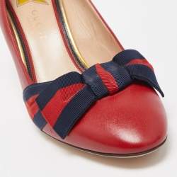 Pre Owned Gucci Red Leather and Web Bow Block Heel Pumps Size 36.5