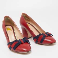 Pre Owned Gucci Red Leather and Web Bow Block Heel Pumps Size 36.5