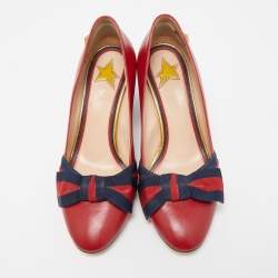 Pre Owned Gucci Red Leather and Web Bow Block Heel Pumps Size 36.5