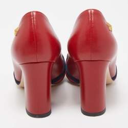 Pre Owned Gucci Red Leather and Web Bow Block Heel Pumps Size 36.5