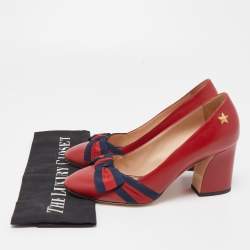 Pre Owned Gucci Red Leather and Web Bow Block Heel Pumps Size 36.5