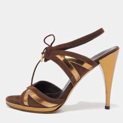 Gucci Brown/Gold Suede and Leather Ankle Tie Sandals Size 37.5