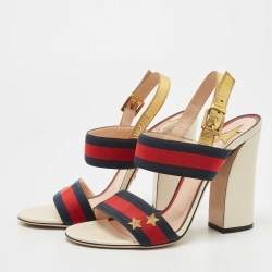 Gucci Multicolor Leather And Web Trim Block Heel Sandals Size 40