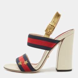 Gucci Multicolor Leather And Web Trim Block Heel Sandals Size 40