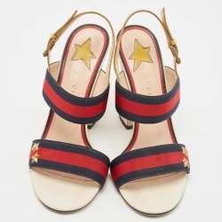 Gucci Multicolor Leather And Web Trim Block Heel Sandals Size 40