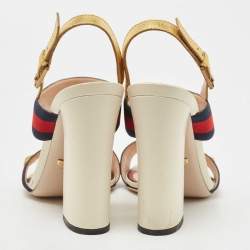 Gucci Multicolor Leather And Web Trim Block Heel Sandals Size 40
