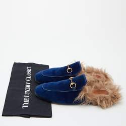 Gucci Blue Velvet and Fur Princetown Mules Size 40.5