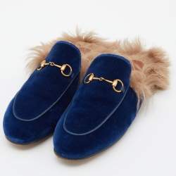 Gucci Blue Velvet and Fur Princetown Mules Size 40.5