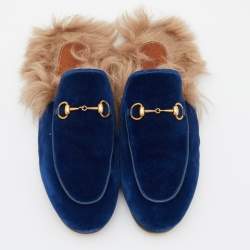 Gucci Blue Velvet and Fur Princetown Mules Size 40.5