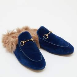 Gucci Blue Velvet and Fur Princetown Mules Size 40.5