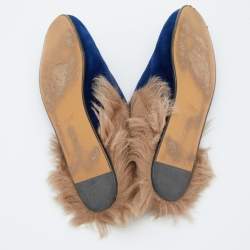 Gucci Blue Velvet and Fur Princetown Mules Size 40.5