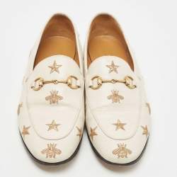 Pre Owned Gucci Cream Leather Jordaan Embroidered Bee Horsebit Slip On Loafers Size 39
