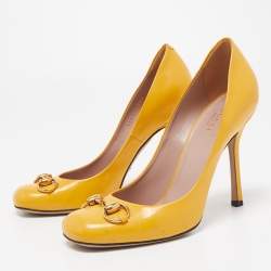 Pre Owned Gucci Yellow Patent Leather Horsebit Pumps Size 38.5