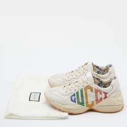 Pre Owned Gucci Cream Leather Glitter Logo Rhyton Sneakers Size 40