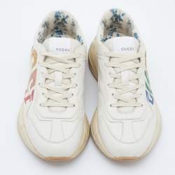 Pre Owned Gucci Cream Leather Glitter Logo Rhyton Sneakers Size 40