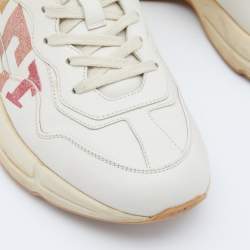 Pre Owned Gucci Cream Leather Glitter Logo Rhyton Sneakers Size 40
